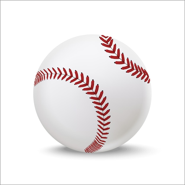 Реалистичный детальный трехмерный бейсбольный кожаный мяч крупным планом для спортивной игры на белой векторной иллюстрации американского софтбола