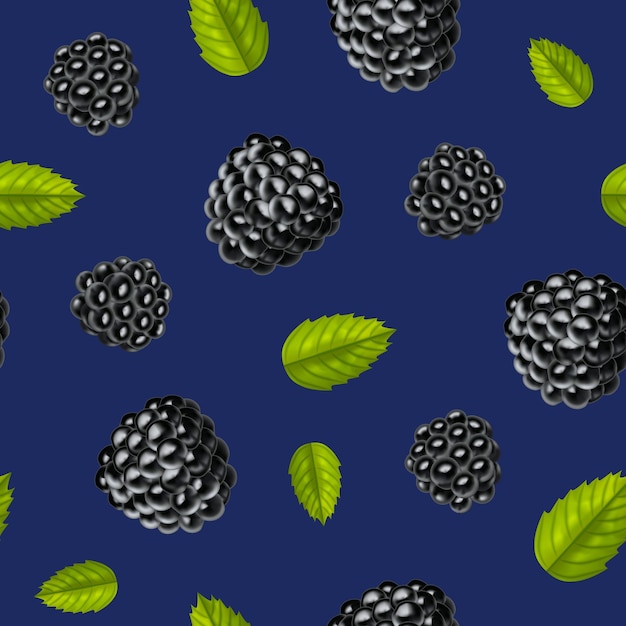Realistic Detailed 3d Blackberries with Green Leaves Natural Fresh Sweet Seamless Pattern Background Vector illustration of Ripe Blackberry