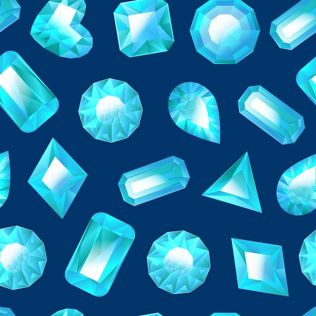 リアリズム 3D ブルー ジュエリー シームレス パターン 背景 異なるタイプの宝石またはクリスタル 豪華な宝石のベクトルイラスト