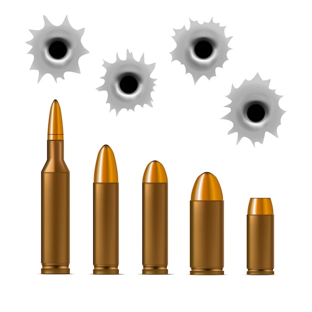 Realistic detailed 3d bullets and bullet holes set vector