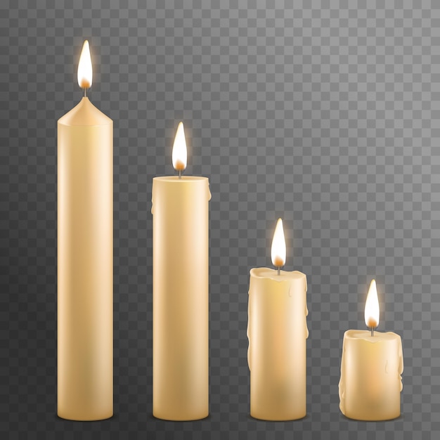 Realistico dettagliato 3d burning wax candles impostato su uno sfondo trasparente simbolo romantico a lume di candela illustrazione vettoriale di candela