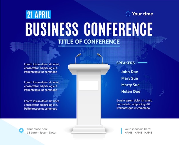 Realistic Detailed 3d Business Conference Template Invitation with Conference Speech Tribune on a World Map Vector illustration of Presentation Stage Stand with Mic