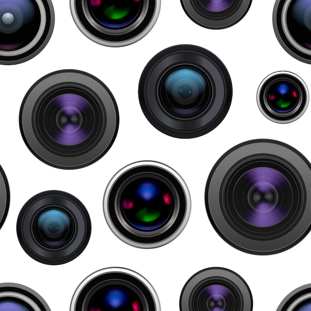 Realistic detailed 3d camera lens seamless pattern background vector