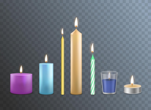 Realistic detailed 3d candles different types set on a transparent background for celebration and religion vector illustration of candle