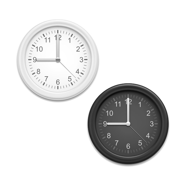 Vettore orologi classici 3d dettagliati e realistici bianchi e neri su una parete illustrazione vettoriale della forma tradizionale dell'orologio