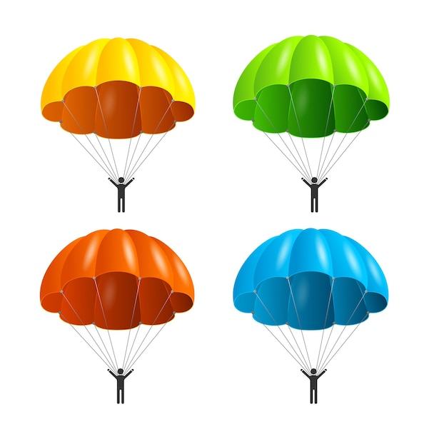 Realistic Detailed 3d Color Parachute and Black Silhouette Person Set Vector