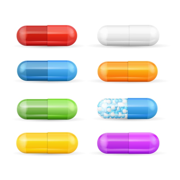 Реалистичные подробные 3d цветные таблетки и витамины задают вектор