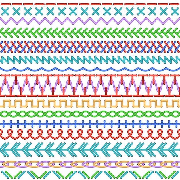 現実的な詳細な 3 d のカラフルなステッチ セットを使用することができます境界線またはフレーム カラー ステッチのベクトル イラスト