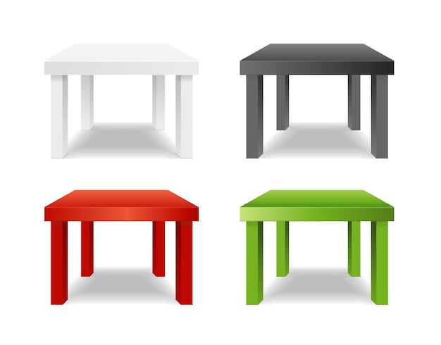 레스토랑 스튜디오 또는 카페를위한 현실적인 세부 3d 다른 색의 테이블 세트 다채로운 테이블의 터 일러스트레이션