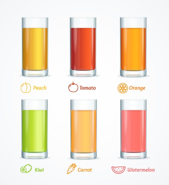 Vector realistic detailed 3d different juice glass set vector