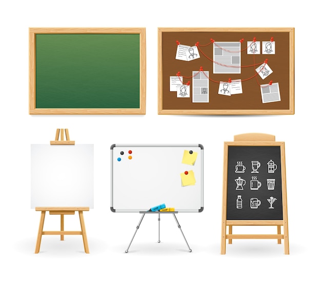 Vector realistic detailed 3d different types boards set include of whiteboard and chalk blackboard vector illustration of board