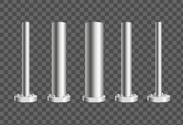 Реалистичный подробный 3D-вектор различных типов металлических столбов или колонн