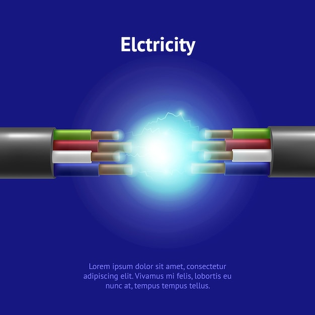 현실적인 상세한 3d 전기 케이블 브레이크 카드 전원 전기 라인 및 기술 통신 컨셉 디자인 벡터 그림