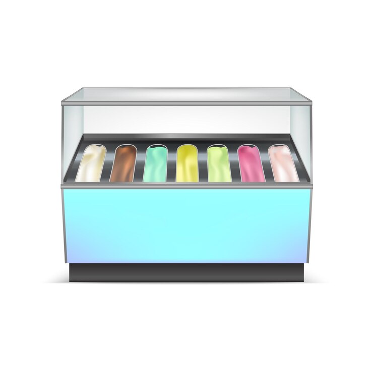 Vector realistic detailed 3d fridge for ice cream for showcase shop and store vector illustration of refrigerator gelato or icecream