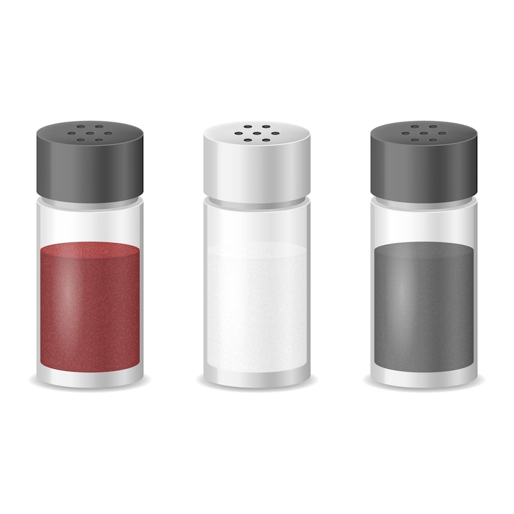 Vector realistic detailed 3d glass sea salt and pepper set spice for kitchen and restaurant vector illustration of container for cooking ingredient