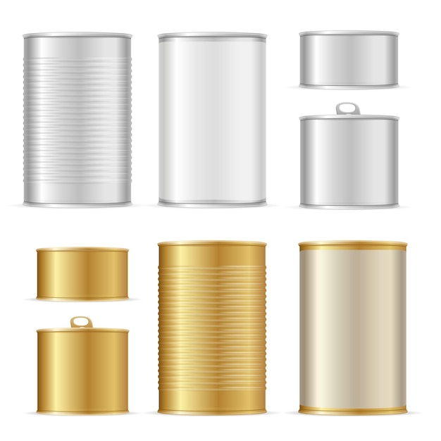 Vector realistic detailed 3d gold and metal tin can set vector