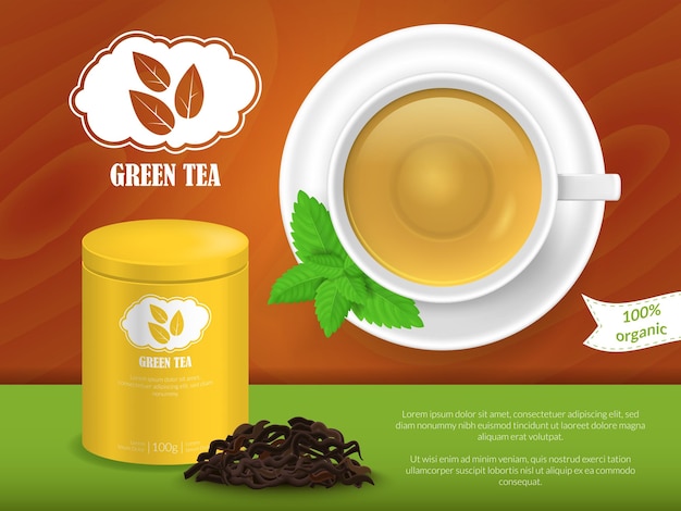 Realistic Detailed 3d Green Tea Ads Vector