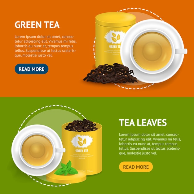 Realistico dettagliato 3d green tea banner horizontal set herbal hot drink con menta e illustrazione vettoriale del pacchetto
