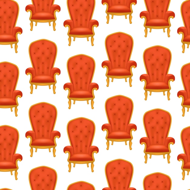 Реалистичная подробная 3D роскошная антикварная кресло или трон Бесшовный образец Фон на белой векторной иллюстрации старого красного королевского кресла