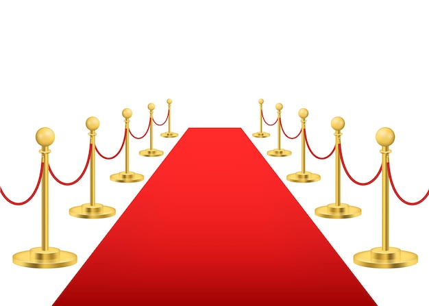 Реалистичная трехмерная роскошная красная ковровая дорожка с золотыми барьерами для развлечения и премьерной векторной иллюстрации