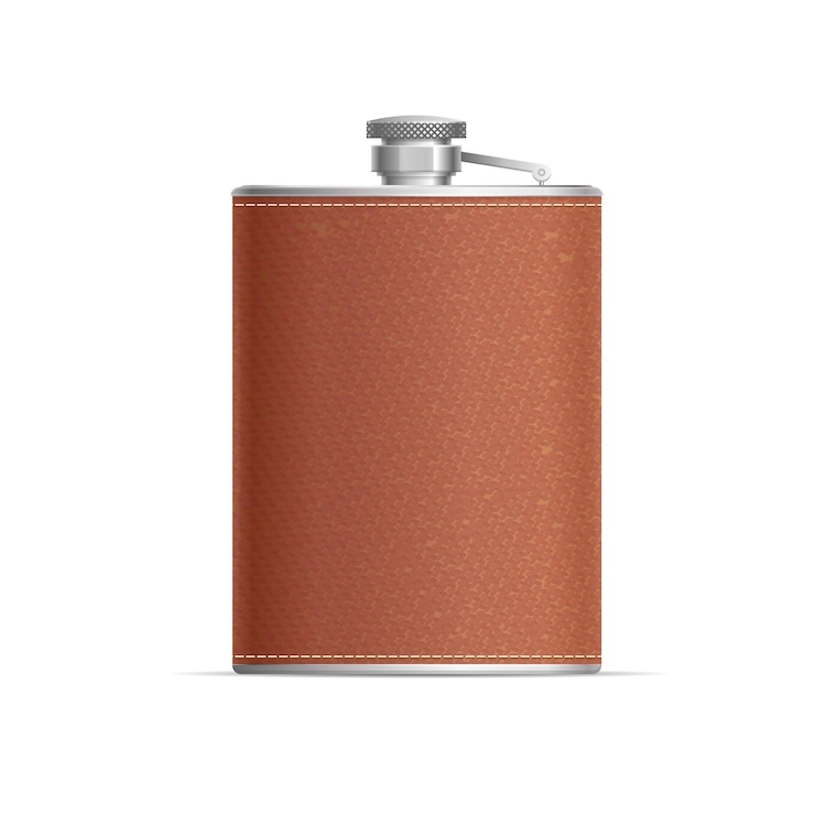Vector realistic detailed 3d metal hip flask wrapped in leather for alcohol drink vector illustration of hipflask