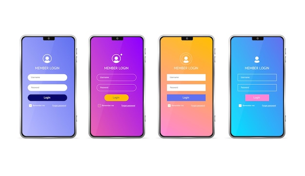 Vector realistic detailed 3d mobile phone and login empty template form set vector illustration of display device