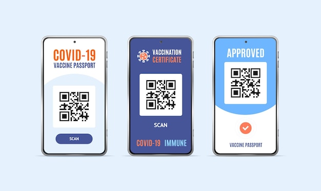 Vettore schermo del telefono cellulare 3d dettagliato e realistico con il vettore del set del passaporto del vaccino covid