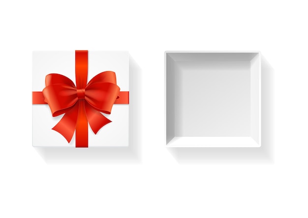 Realistic Detailed 3d Open White Present Box with Shiny Satin Ribbon Top View Vector illustration of Giftbox