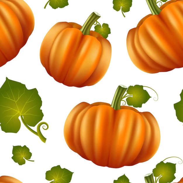 Realistic Detailed 3d Orange Pumpkins Seamless Pattern Background on a White Autumn Vegetable Season Harvest Symbol of Halloween Celebration Vector illustration of Pumpkin