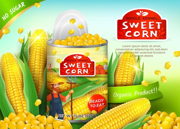 realistic detailed 3d organic canned corn ads banner concept poster card vector