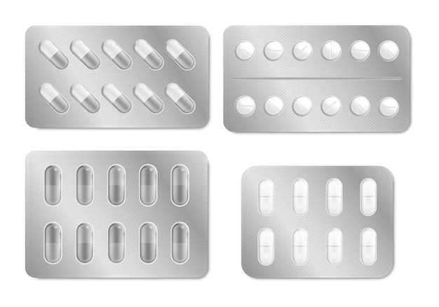 Realistic Detailed 3d Packaging for Drugs Set Vector illustration of Blisters with Pills for Treatment and Illness