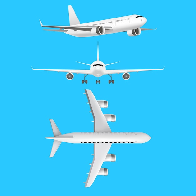 Realistic Detailed 3d Plane Set on a Blue Background Different View Vector illustration of Jet or Airliner