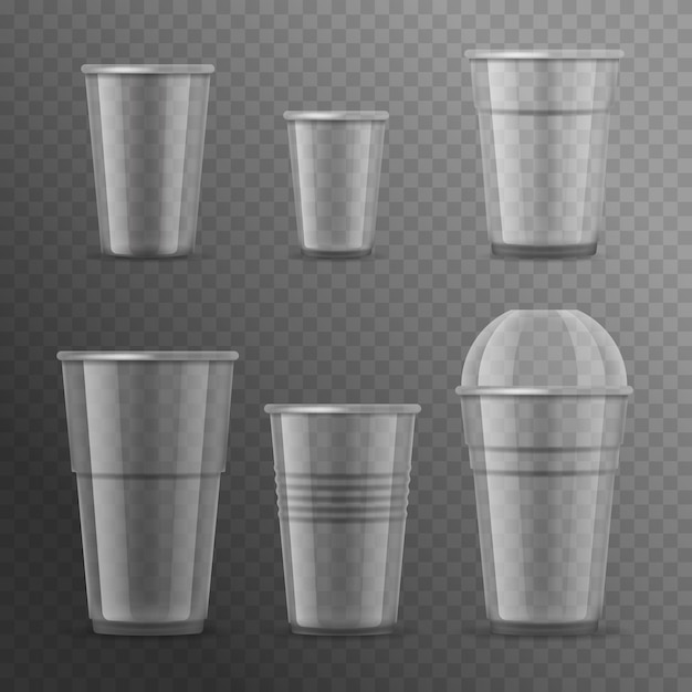 Vector realistic detailed 3d plastic cups template mockup set on a transparent background for coffee tea and drink vector illustration