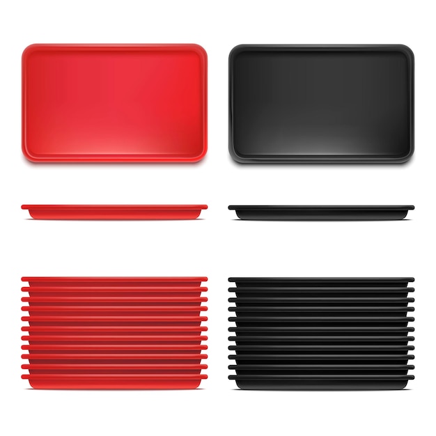 Realistic Detailed 3d Plastic Tray Set Rectangular Tools for Restaurant Services Vector illustration of Red and Black Trays