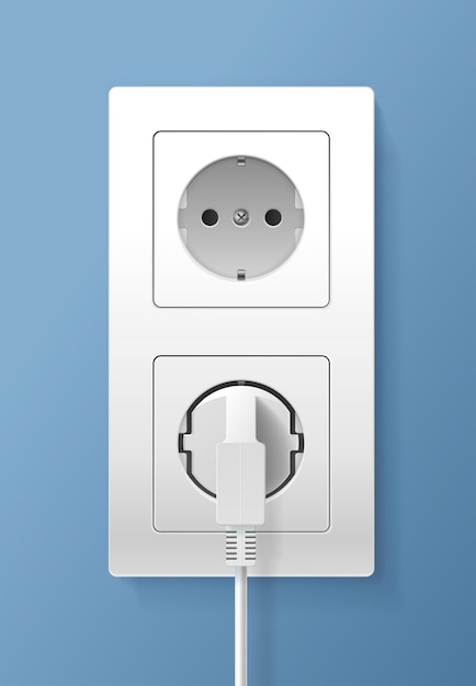 Realistic Detailed 3d Plug inserted in Electrical Outlet Set on a Blue Background Vector illustration of Socket