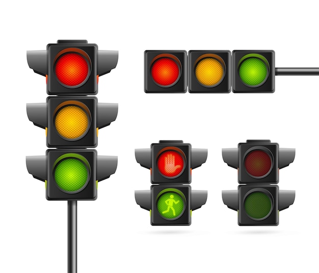 Vector realistic detailed 3d road traffic light set on a white vector illustration of different types stoplight or semaphore