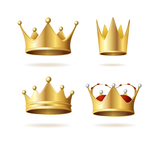 Realistic Detailed 3d Shine Golden Royal Crown Set Symbol of Monarchy and Leadership Vector illustration of Crowns