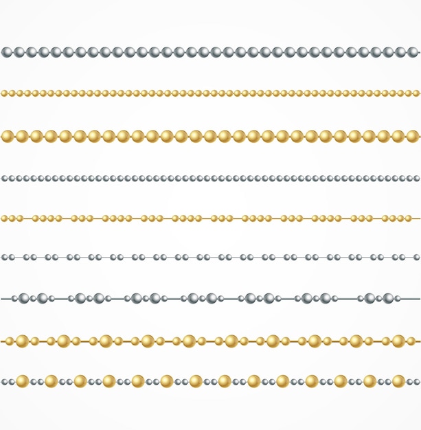 現実的な詳細な 3 d の光沢のある金色と銀の金属文字列ビーズ チェーン ボール セットのさまざまな種類のベクトル図