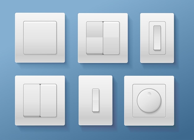 Vector realistic detailed 3d switch set different type on a blue background vector illustration of white switches