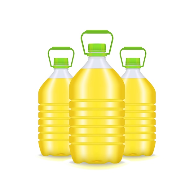 Реалистичная подробная трехмерная пластиковая бутылка растительного масла Группа органических кулинарных ингредиентов, выделенных на белом фоне Векторная иллюстрация контейнера