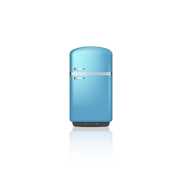 Вектор Реалистичный подробный 3d винтажный синий холодильник с морозильной камерой на белом фоне
