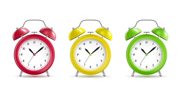 Realistic Detailed 3d Vintage Color Alarm Clocks Set Symbol of Morning Wake Up Vector illustration of Clock