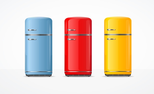 現実的な詳細な 3 d ビンテージ カラー冷蔵庫セット縦型冷蔵庫の家庭用保存食品ベクトル イラスト
