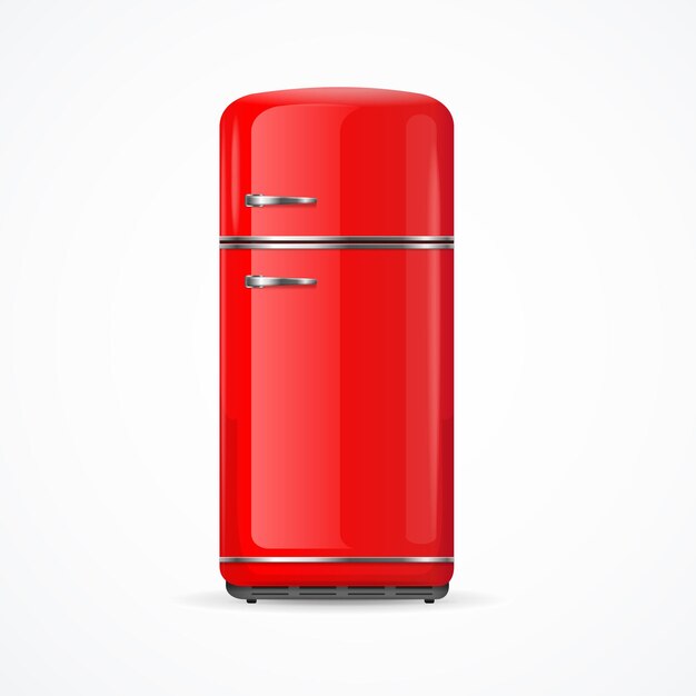 Vettore congelatore classico vintage rosso 3d dettagliato e realistico su sfondo bianco illustrazione vettoriale del frigorifero