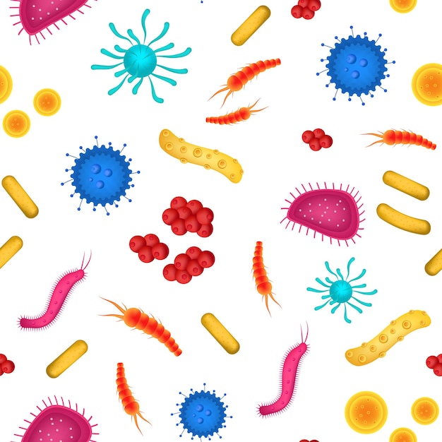 realistic detailed 3d virus and bacteria seamless pattern background on white vector illustration of viruses and bacterium elements