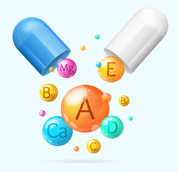 Вектор Реалистичные подробные 3d витамины и минералы с вектором фоновой карты таблеток