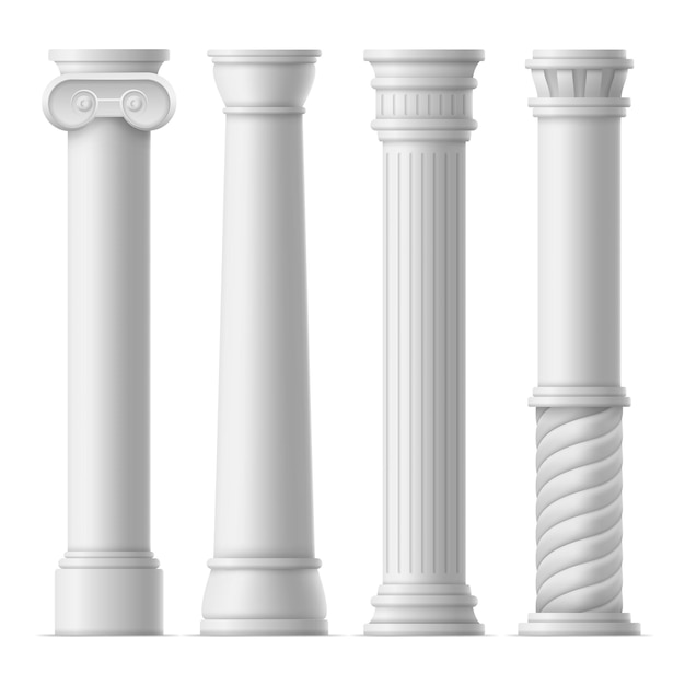 Реалистичные подробные 3d белые древние колонны, набор шаблонов, макет в классическом стиле, векторная иллюстрация колонны или столба