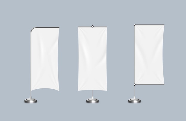 Vector realistic detailed 3d white blank adv beach flag stand empty template set for outdoor advertisement