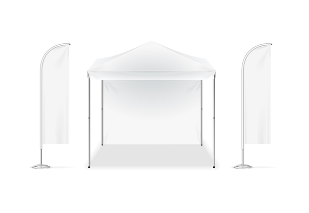 Realistico dettagliato 3d bianco vuoto adv spiaggia tenda bandiera modello mockup set vettore