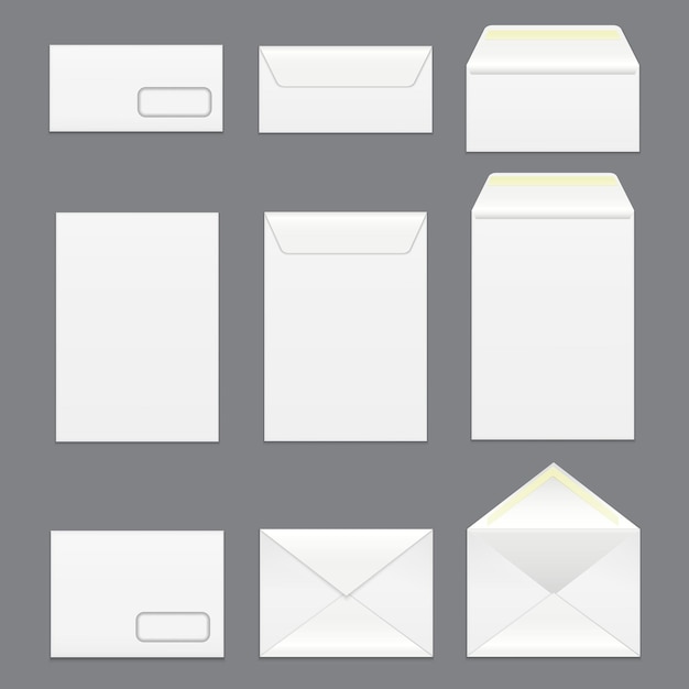 Realistic Detailed 3d White Blank Envelopes Empty Template Mockup Set Vector illustration of Postal Envelope on a Grey